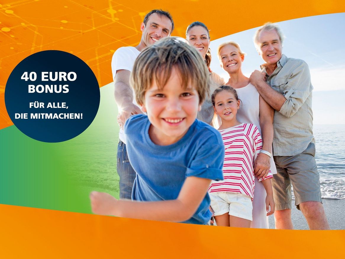 Fröhliche Familie in Stralsund freut sich über 40 Euro Neukundenbonus