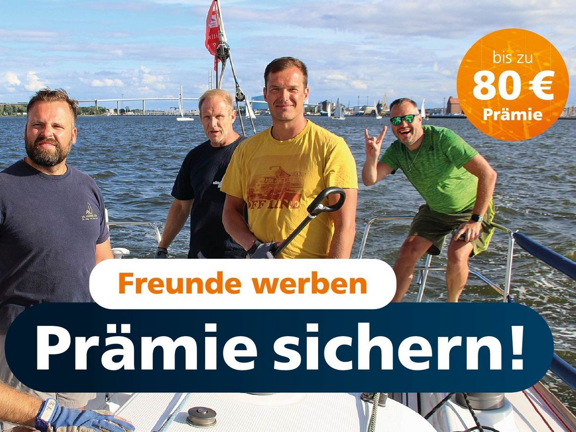 freunde werben Prämie sichern Stadtwerke Stralsund im Segelboot vor der Rügenbrücke